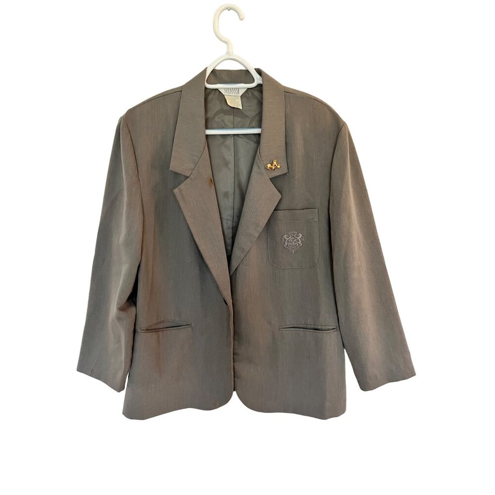 VINTAGE Sellecca Womens Light Gray Blazer Jacket with Embroidered Crest SZ 12P